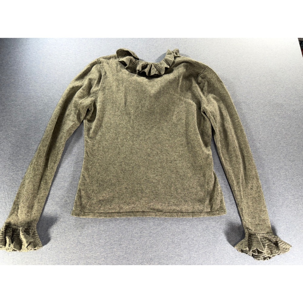 Lauren Ralph Lauren Vintage 90s Silk Cashmere Ruffle Neck Sweater Olive Green L - Picture 2 of 6